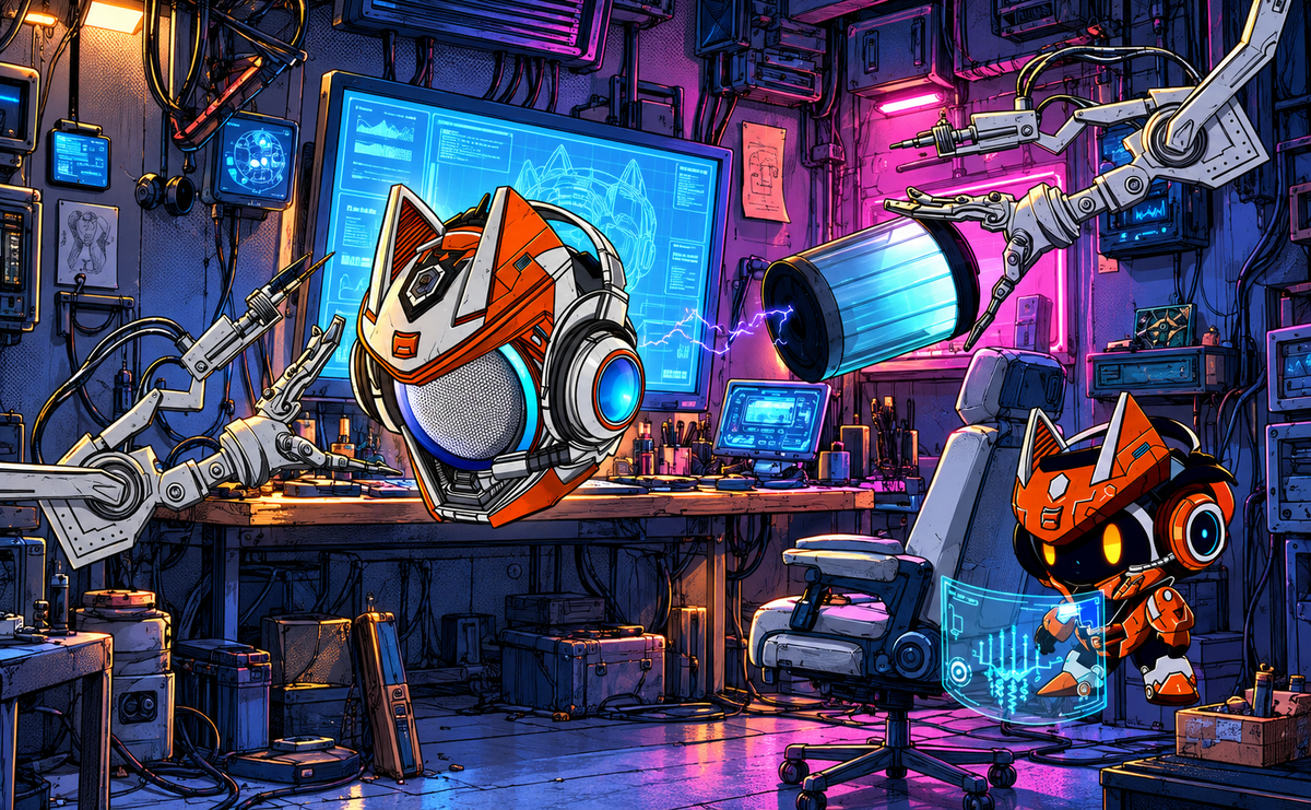 Ollie in a neon-lit workshop with robotic arms and a small robot technician.