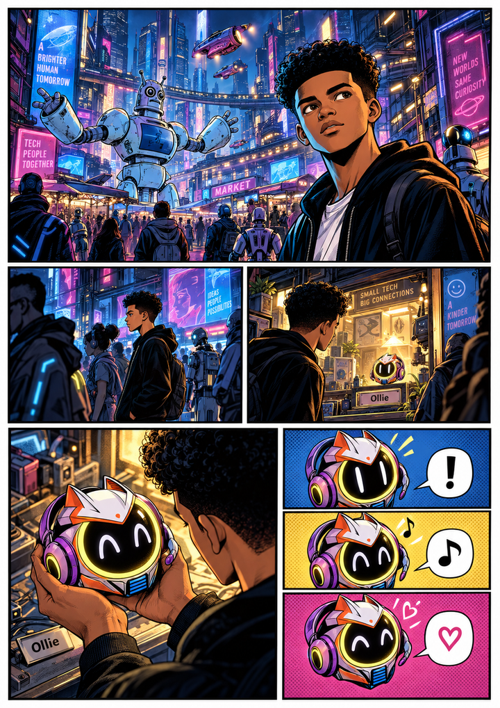 Chapter 1: Flando meets Ollie in a neon-lit futuristic market.