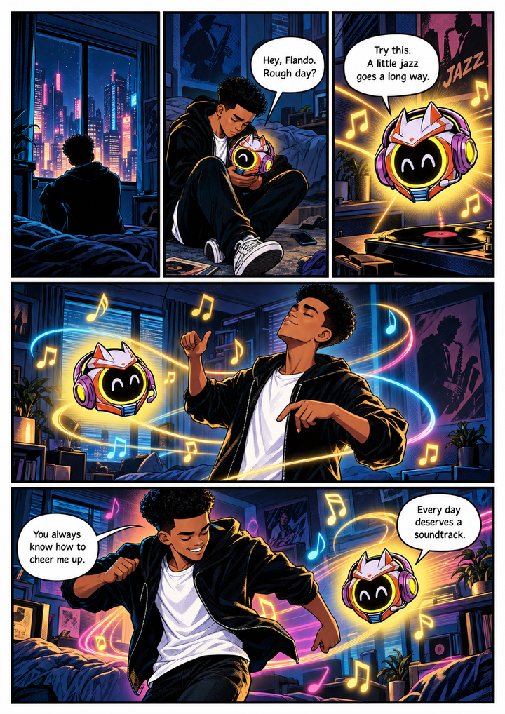 Chapter 2: Ollie cheers up Flando with a little jazz.
